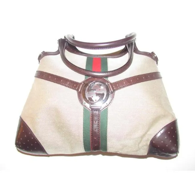 Gucci britt reins blondie, dark khaki canvas & brown leather, two handle, two-way- satchel or hobo style purse with an open top, red and green Sherry stripe and chrome GG accent