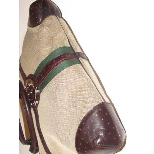 Gucci britt reins blondie, dark khaki canvas & brown leather, two handle, two-way- satchel or hobo style purse with an open top, red and green Sherry stripe and chrome GG accent