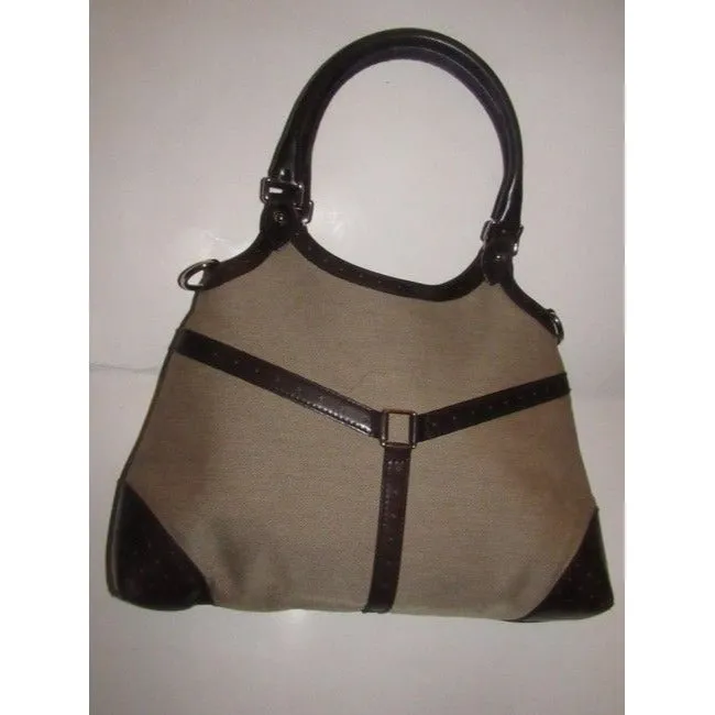 Gucci britt reins blondie, dark khaki canvas & brown leather, two handle, two-way- satchel or hobo style purse with an open top, red and green Sherry stripe and chrome GG accent