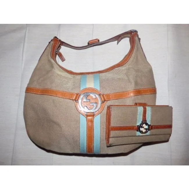 Gucci Britt Xl Shades Of Beige And Blue Canvas Leather Hobo Bag