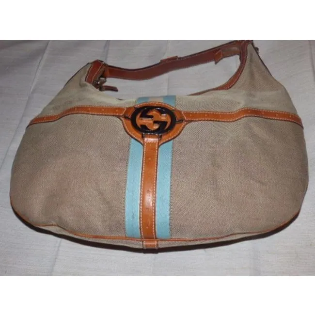 Gucci Britt Xl Shades Of Beige And Blue Canvas Leather Hobo Bag