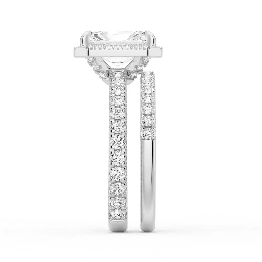 Half Eternity Radiant Cut Halo Engagement Ring