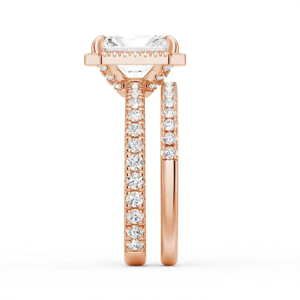 Half Eternity Radiant Cut Halo Engagement Ring
