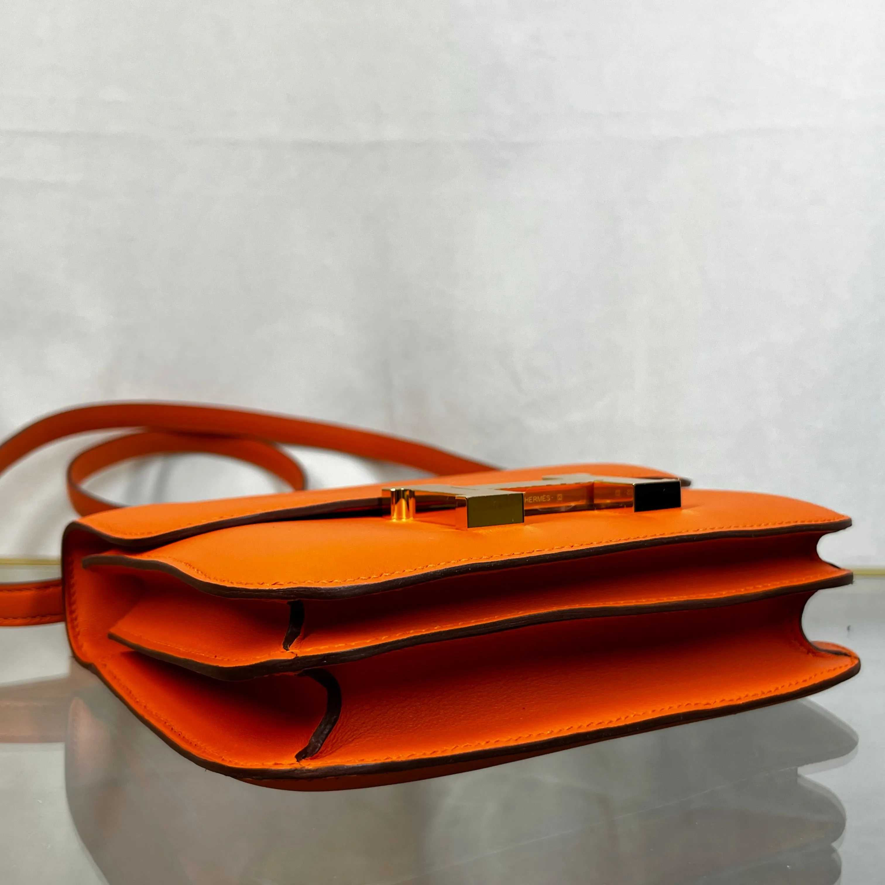 HERMES Constance III Orange Swift Leather Mini Mirror 18