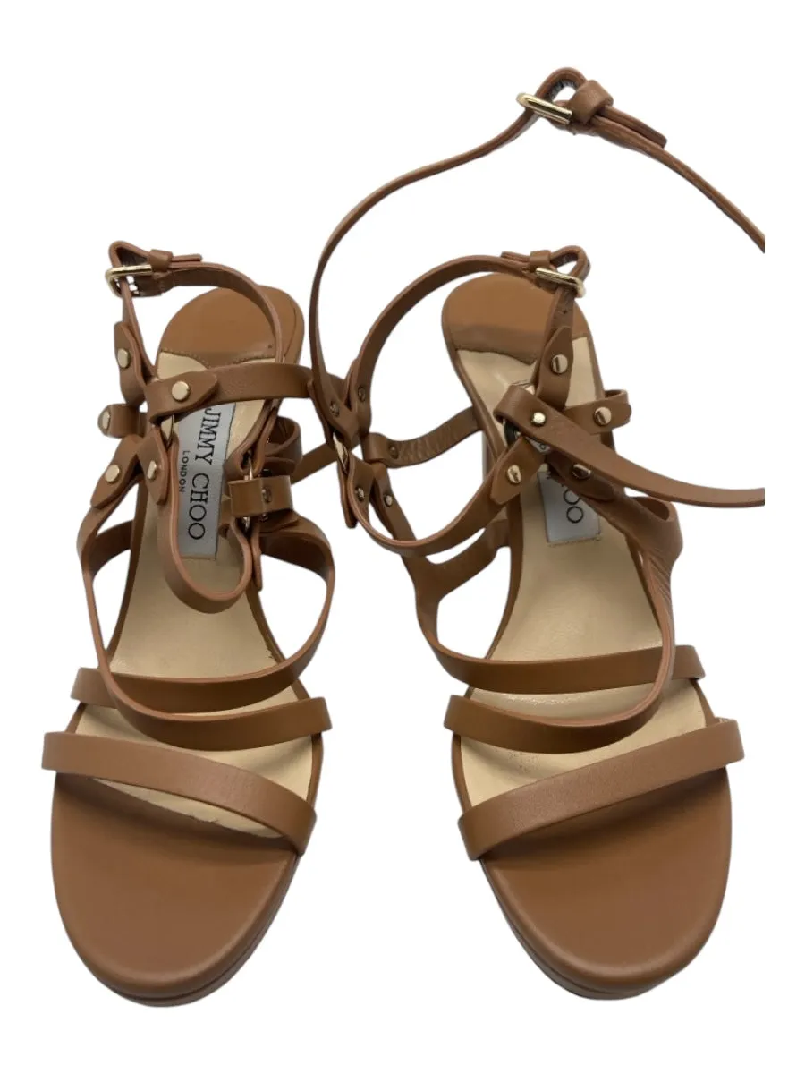 Jimmy Choo Shoe Size 37.5 light brown Leather Gold hardware Studded Sandals