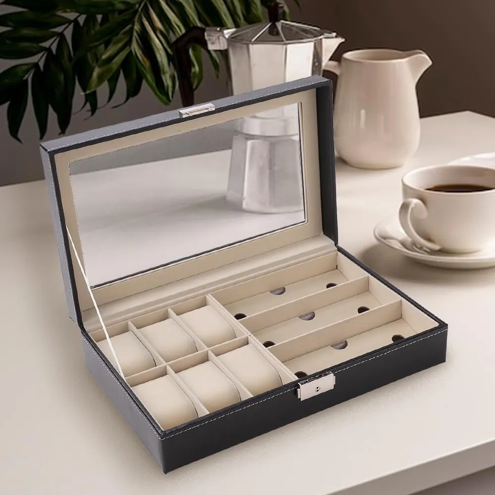 Kuber Industries 6 Slot Watch Storage Box With 3 Slot Glasses organizer|Black|Pack of 5|