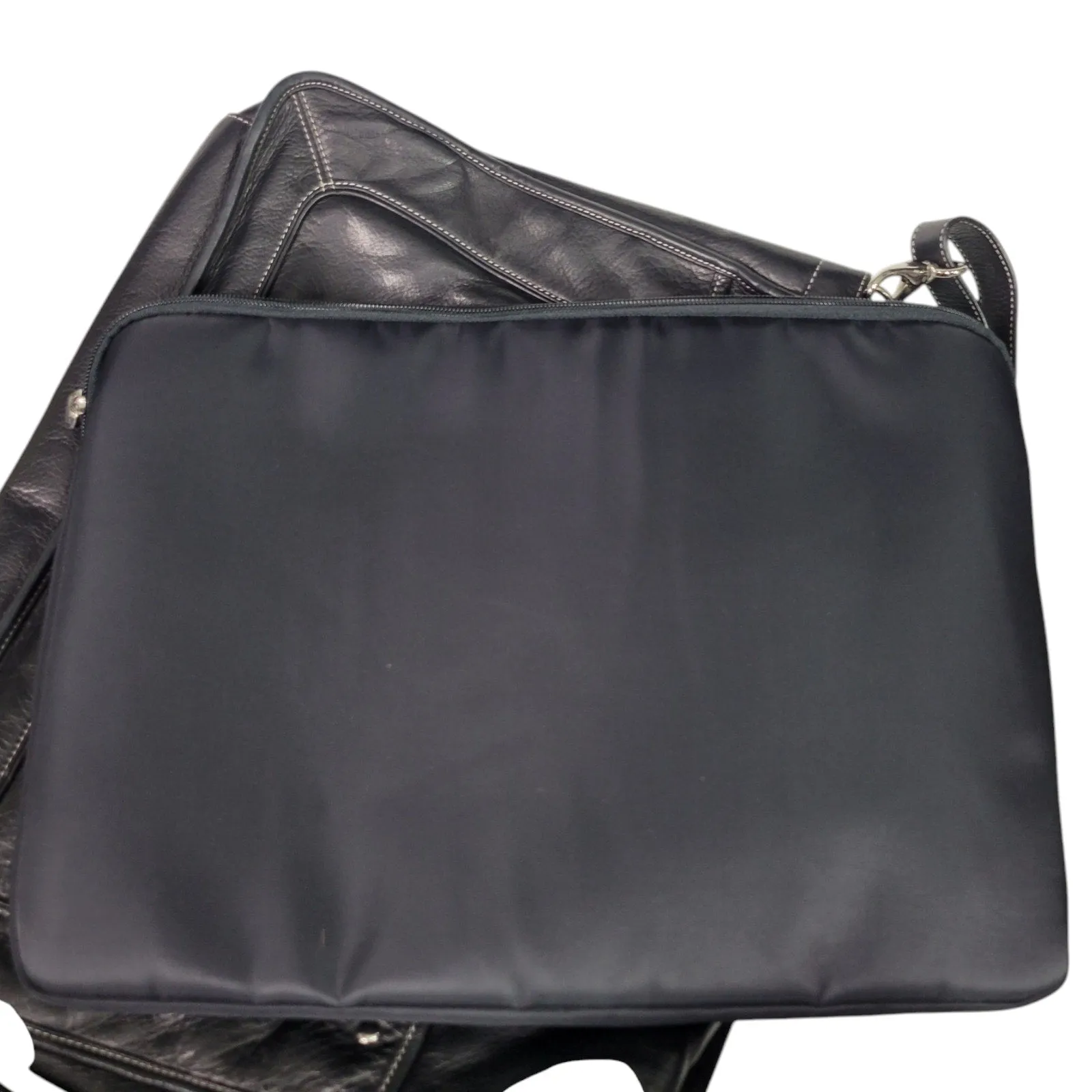 Levenger Leather Laptop Bag Black Removable Sleeve Shoulder Strap Handles Briefcase