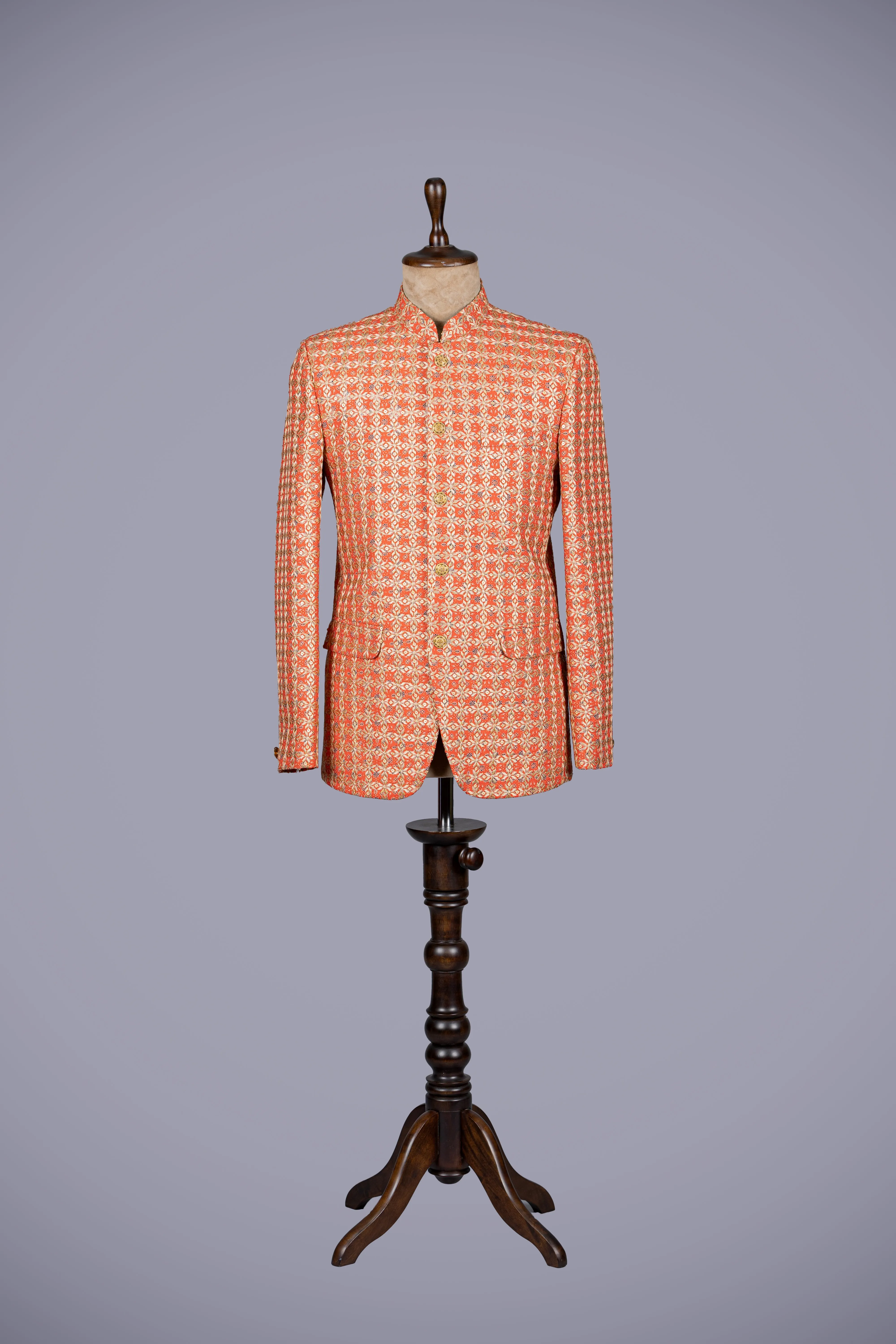Orange Raw Silk Jodhpuri Suit with Exquisite Embroidery