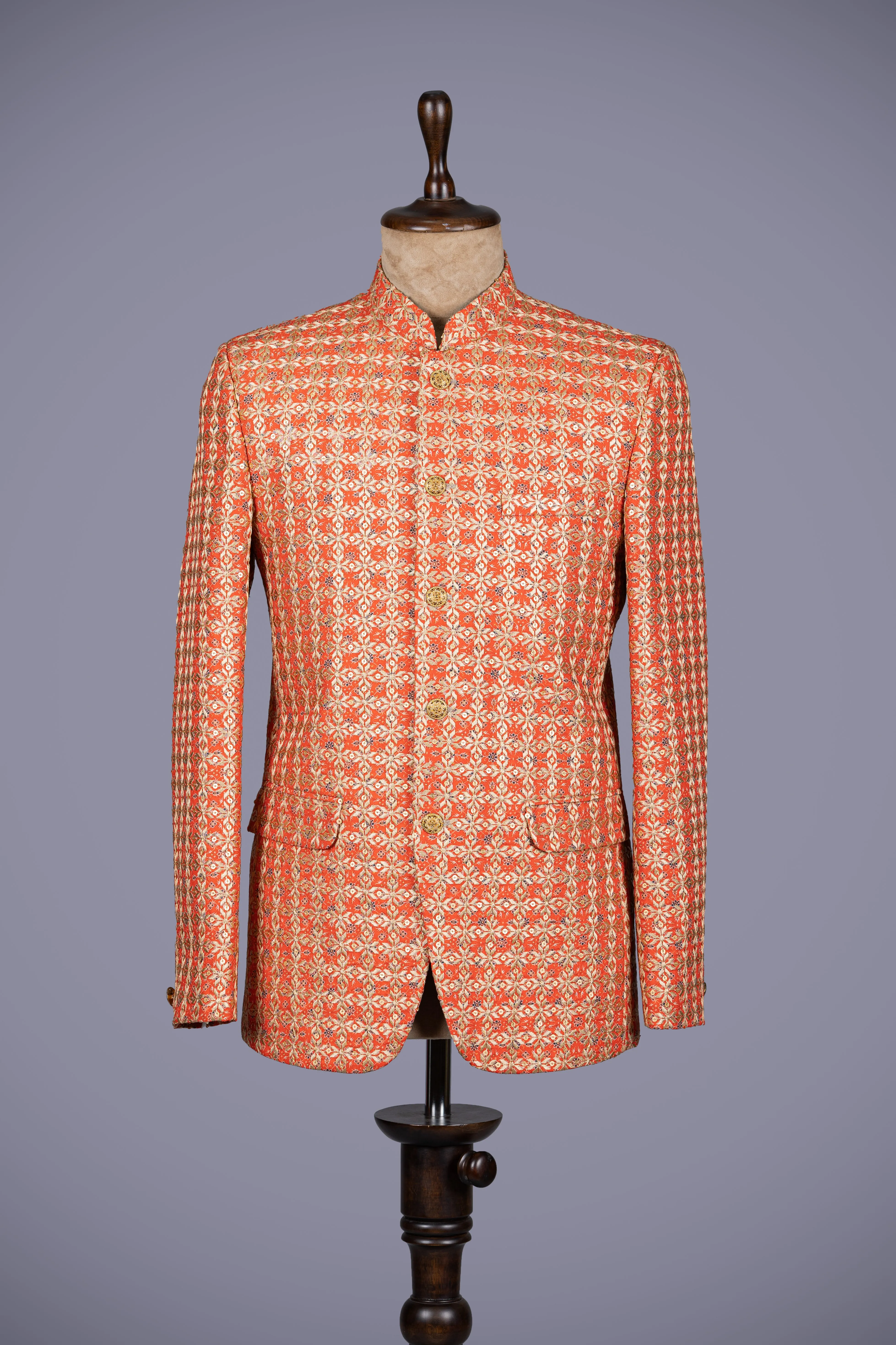 Orange Raw Silk Jodhpuri Suit with Exquisite Embroidery