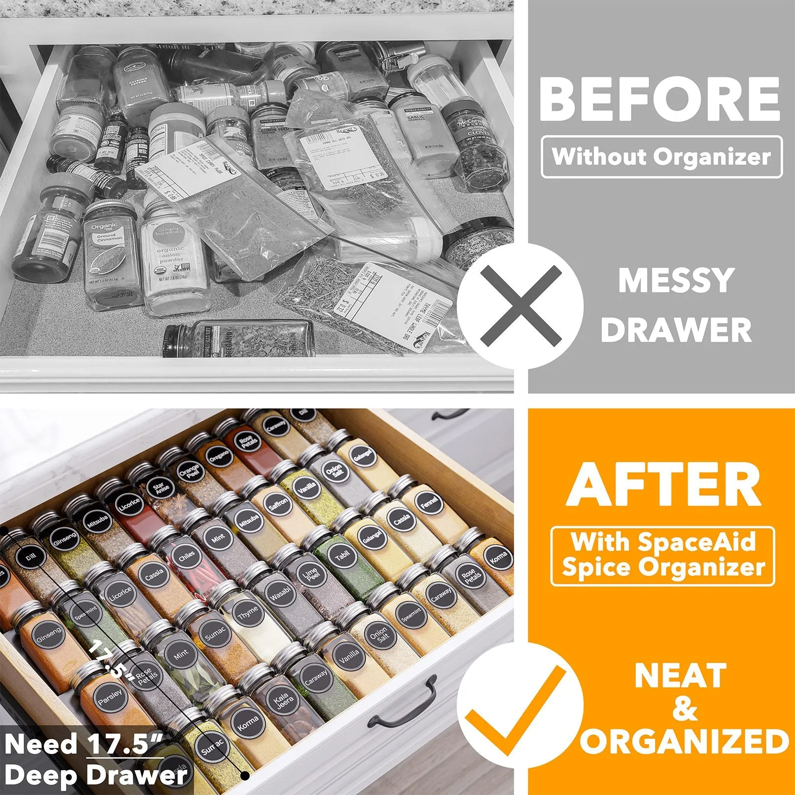 SpaceAid Kitchen Spice Drawer Organizer with 44 Spice Jars, 20.25" Wide x 17.5" Deep