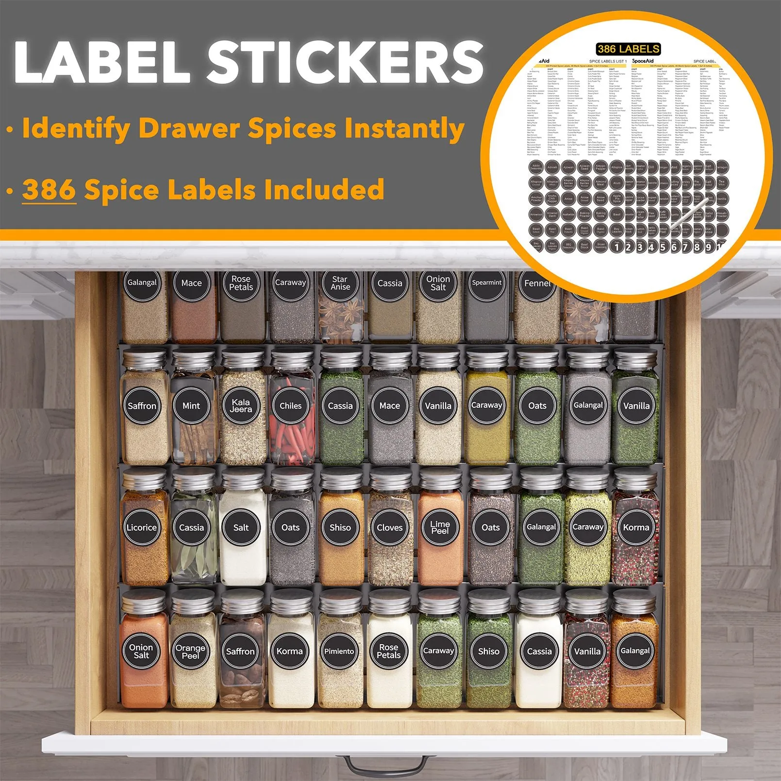 SpaceAid Kitchen Spice Drawer Organizer with 44 Spice Jars, 20.25" Wide x 17.5" Deep