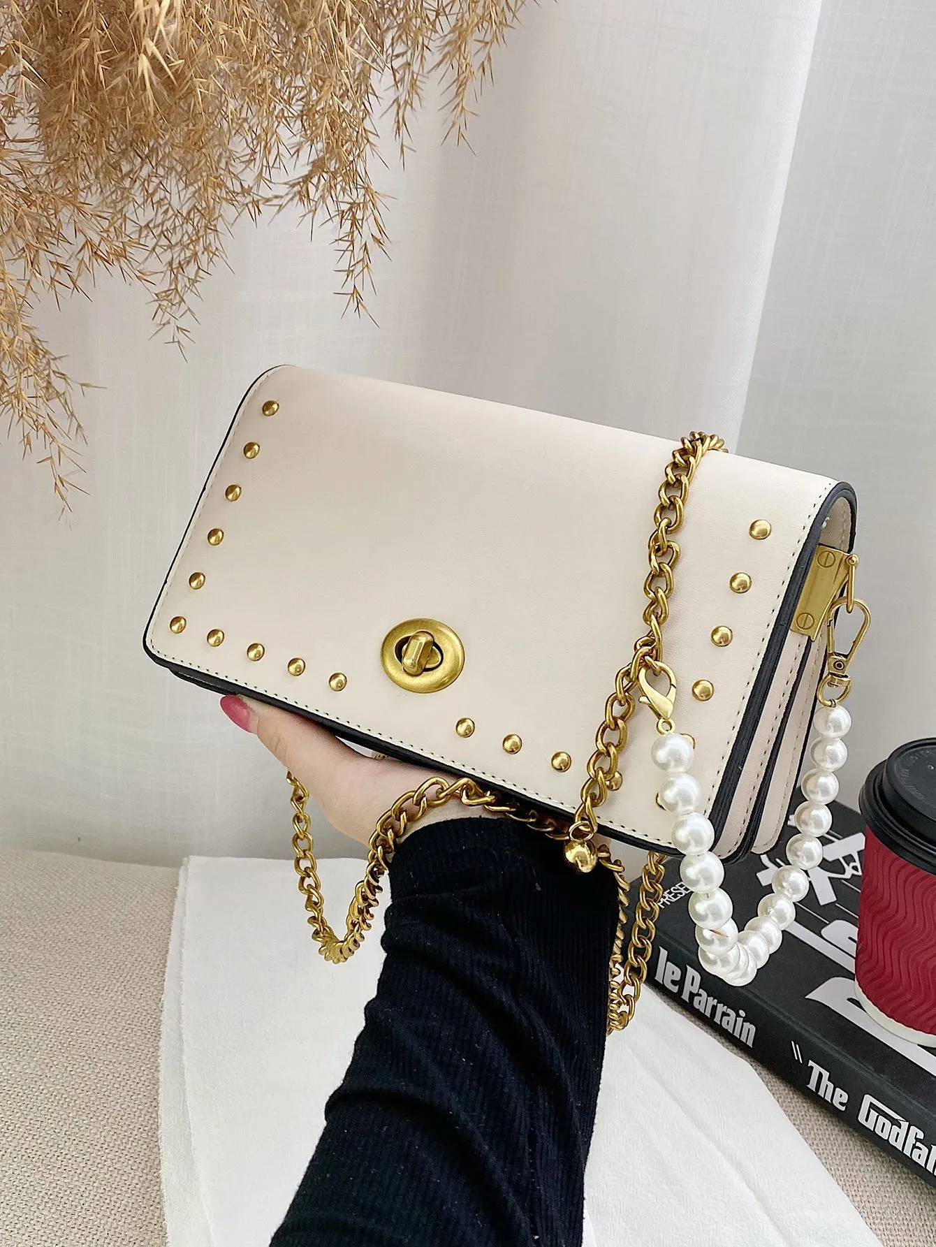 Studded Decor Chain Crossbody Bag