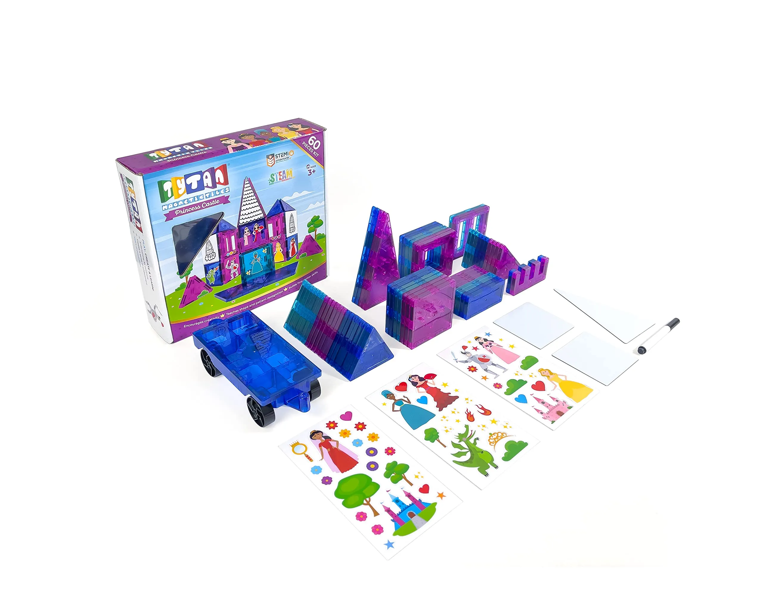 Tytan Tiles Princess Castle 60-Piece Magnetic Tiles Building Set, Adorable Kids’ STEM Toy, Creative Play, Shape & Pattern Recognition, Fine Motor Skills, Includes Storage Bag, Ages 3 and Up