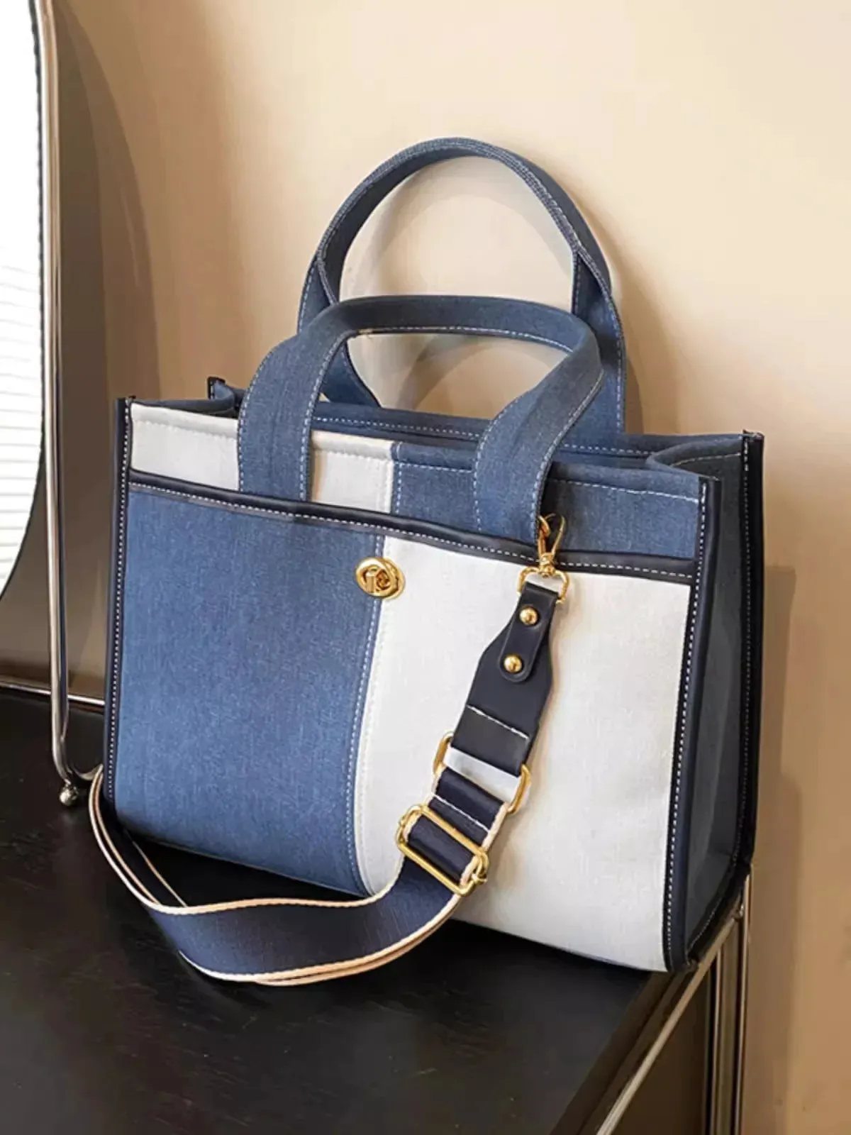 UAKISS  -  Handbag Woman Fashion Luxury Denim Blue Shoulder Bag Briefcase Messenger Bags Large Capacity Work Study Street Tote Bag Purses