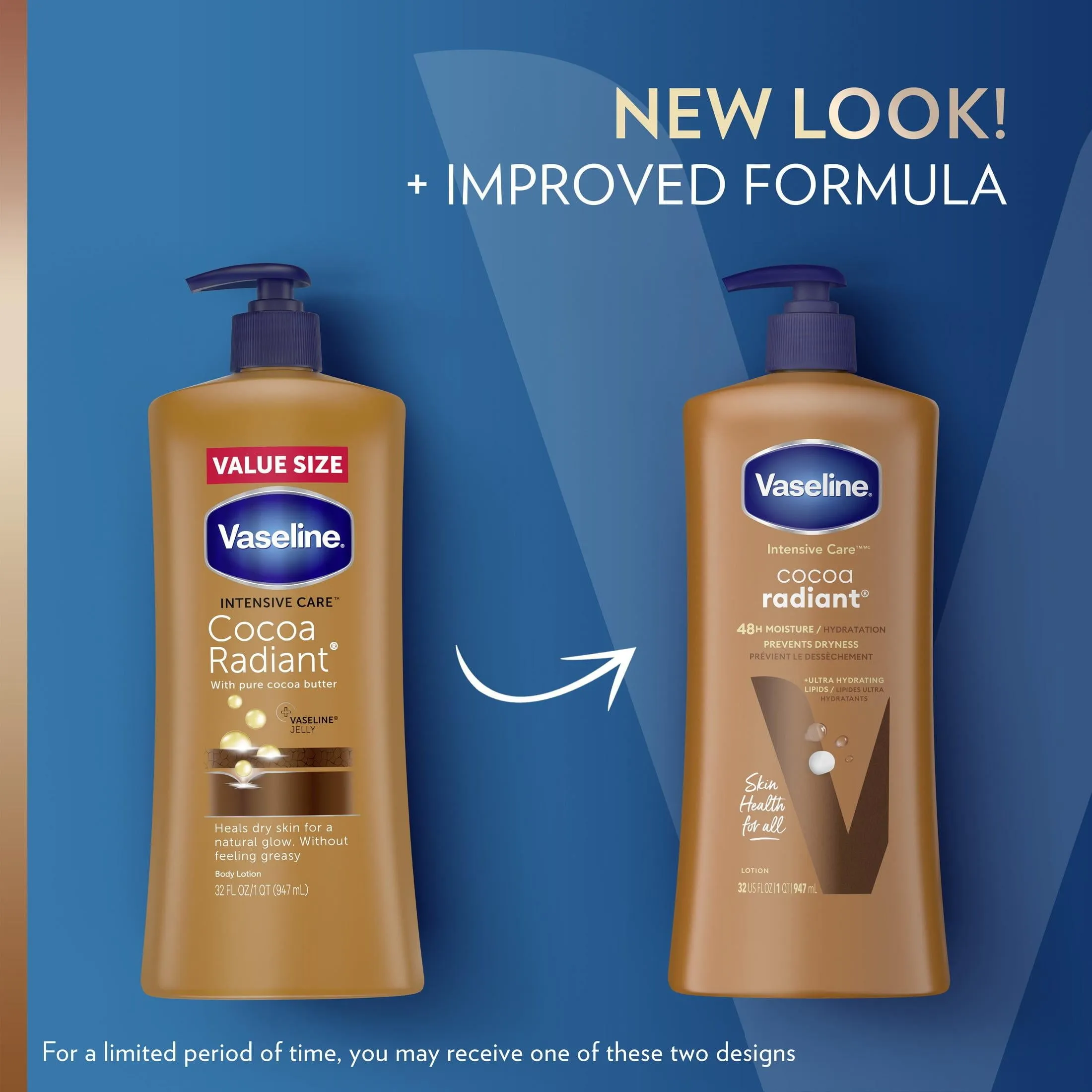 Vaseline Intensive Care Radiant Non Greasy Body Lotion, Cocoa Butter, 32 fl oz