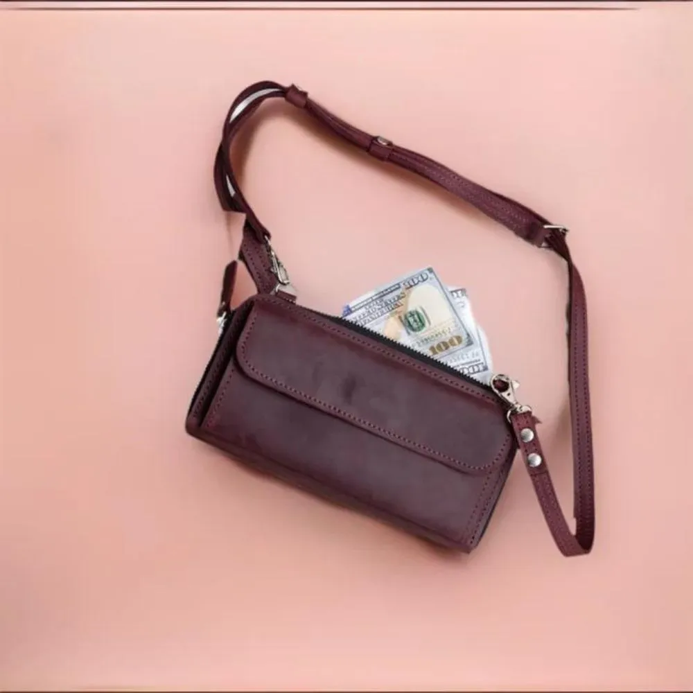 Womens Leather Crossbody Burgundy Wallet