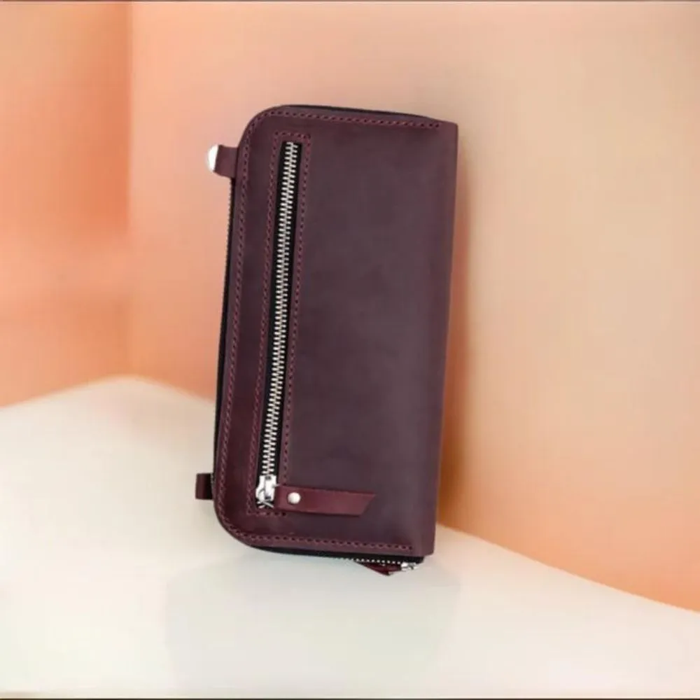 Womens Leather Crossbody Burgundy Wallet