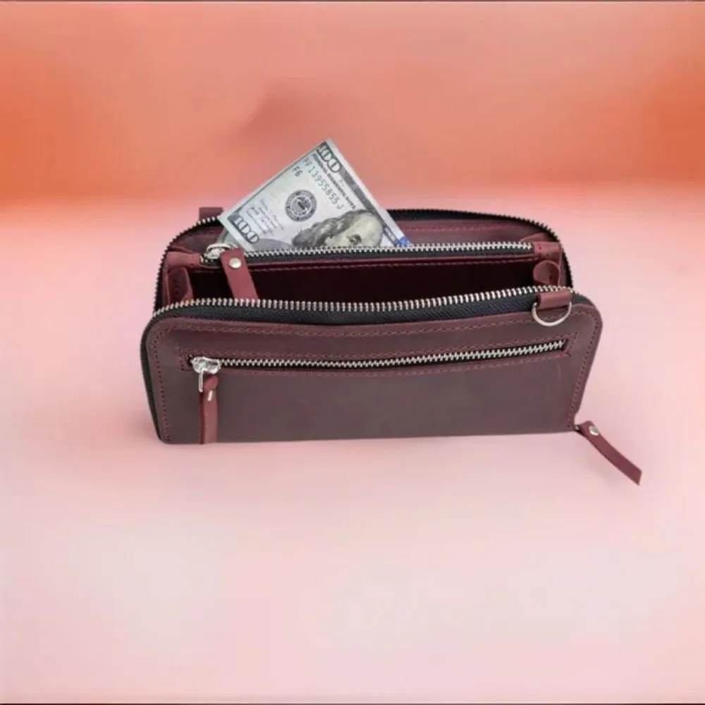 Womens Leather Crossbody Burgundy Wallet