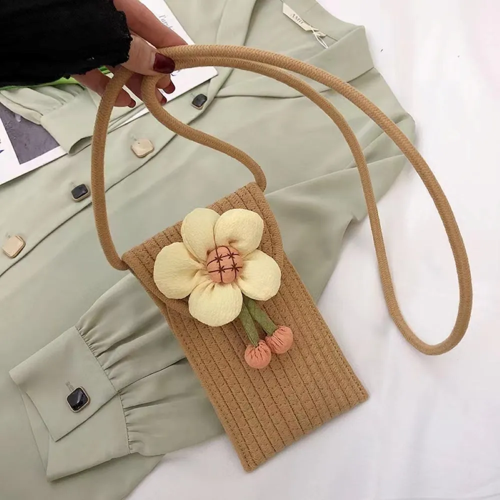 Woven Flower Pattern Rope Cross Body | Sling | Universal Magnetic Closer Mobile Pouch Bag