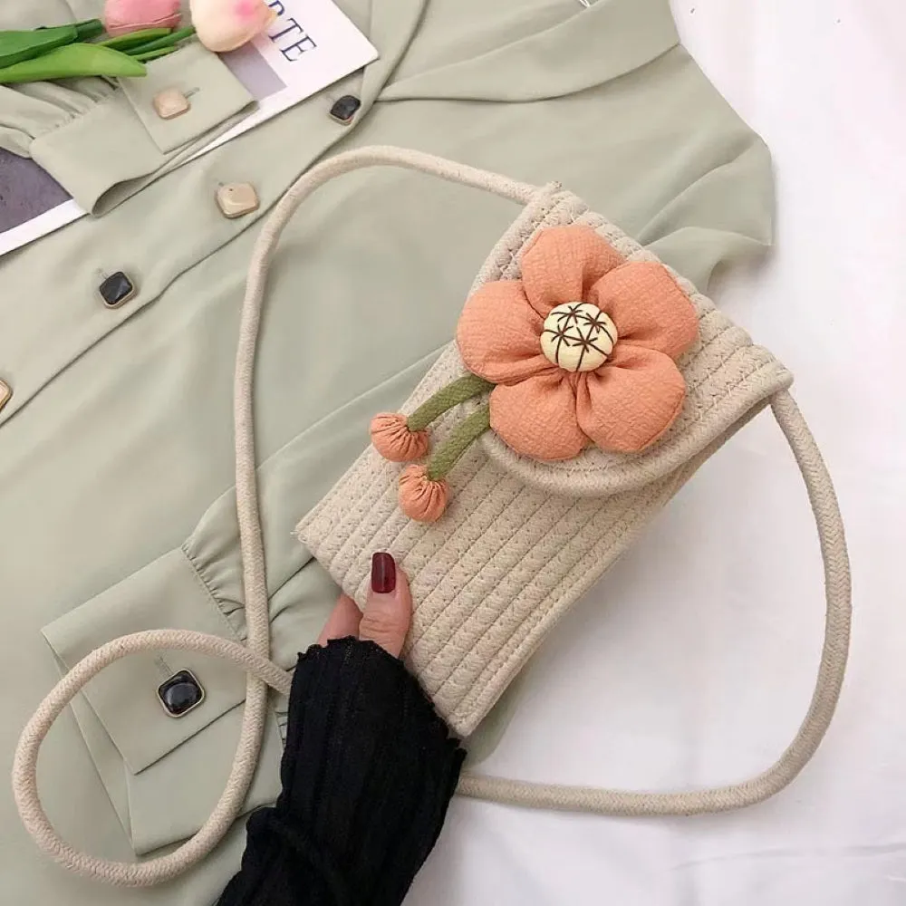 Woven Flower Pattern Rope Cross Body | Sling | Universal Magnetic Closer Mobile Pouch Bag