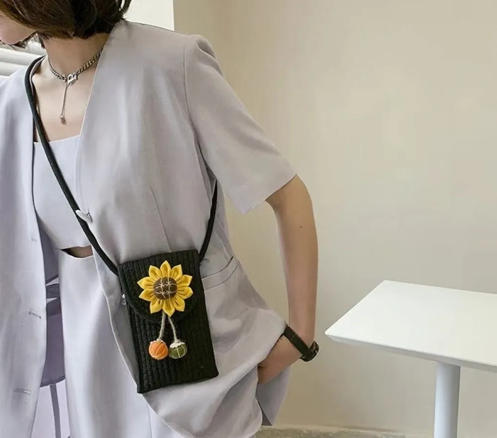 Woven Flower Pattern Rope Cross Body | Sling | Universal Magnetic Closer Mobile Pouch Bag